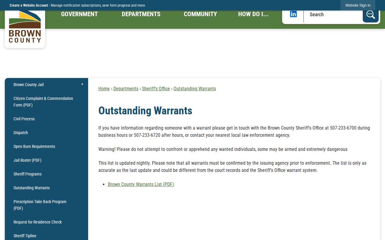 Brown County outstanding warrants page for official warrant records
