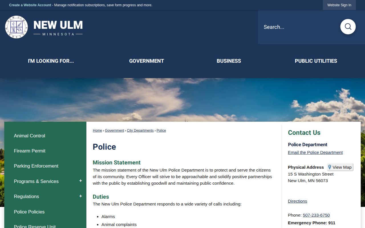 New Ulm Police Department page for city arrest-record requests